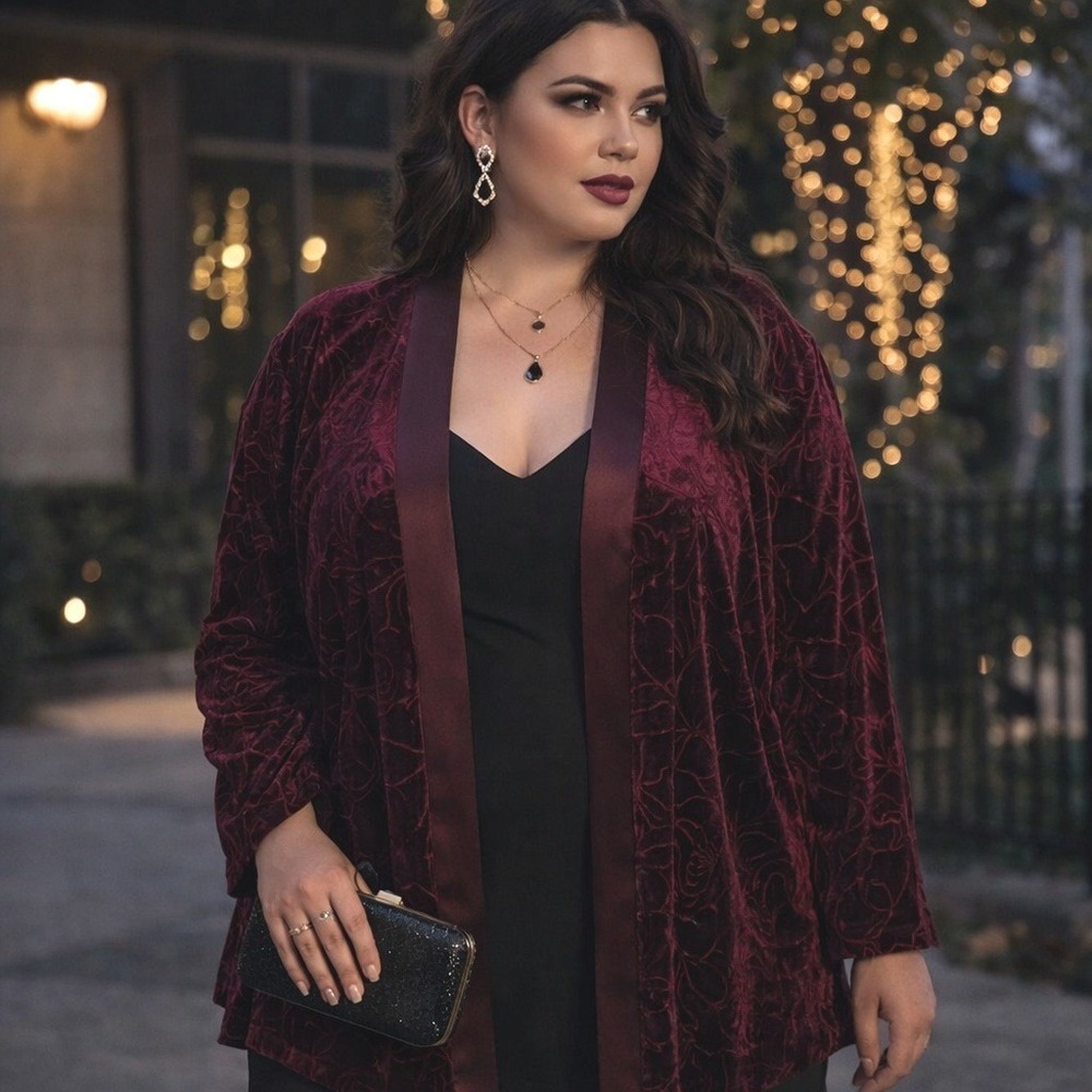R&M Richards Womens Burgundy Floral Velvet Open Front Cardigan Jacket Size 18 - Picture 1 of 9